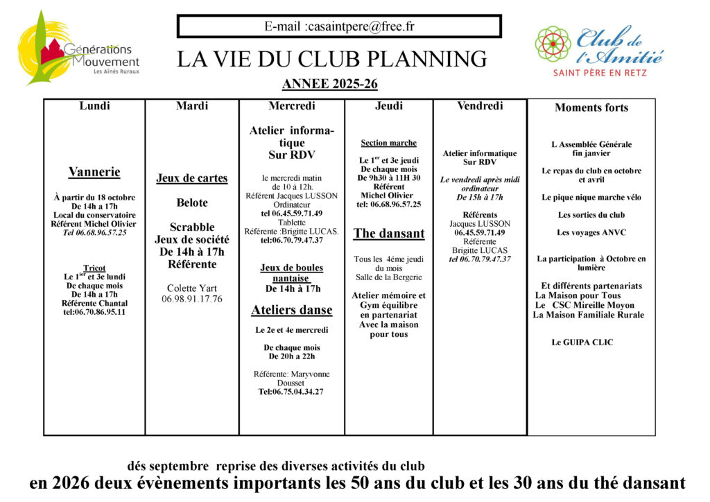 Composition planning des activités mise à jour modifié en mai 2025