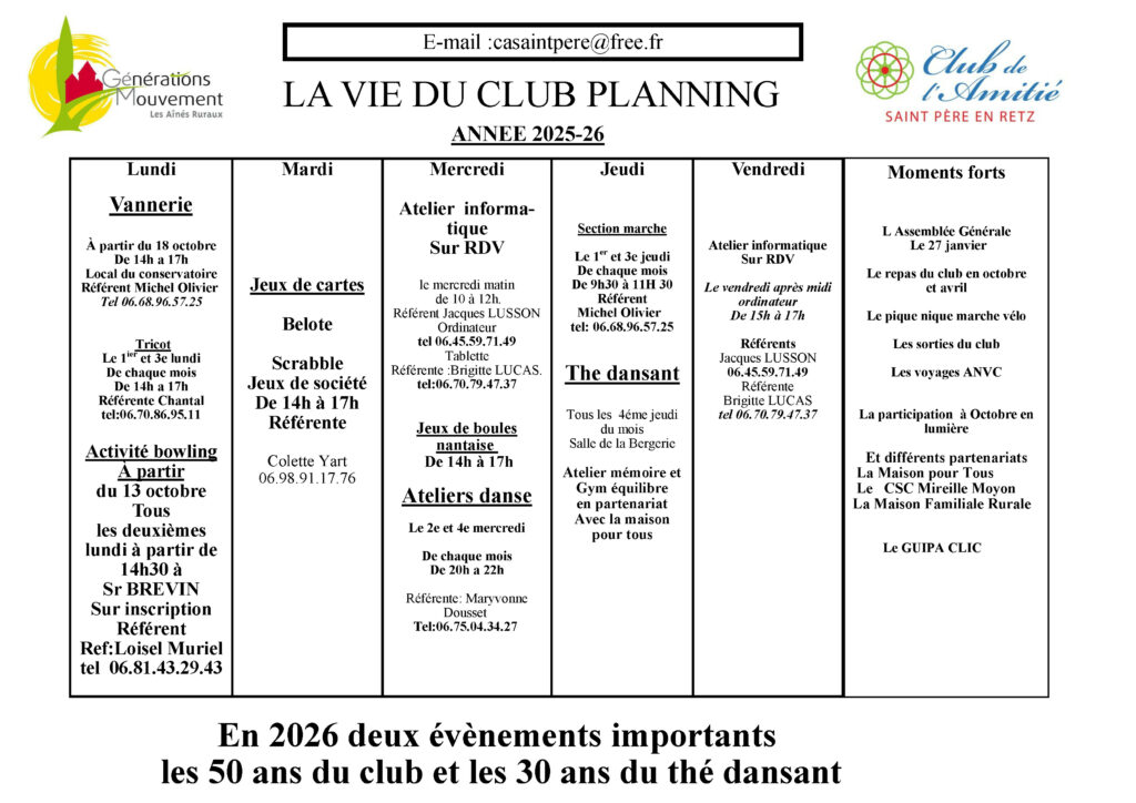 planning des activités mise à jour modifié en octobre 2025